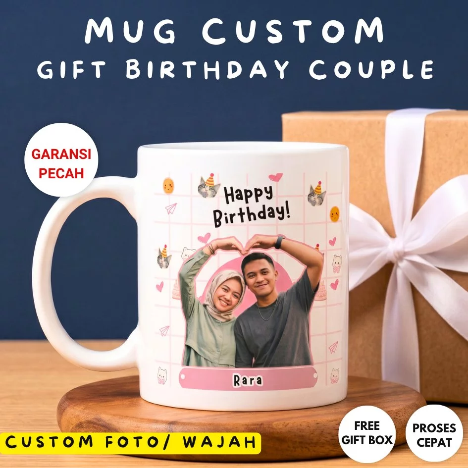 Mug Custom Foto Wajah Couple - Kado Ulang Tahun Pasangan Free Gift Box Kartu Ucapan Pita